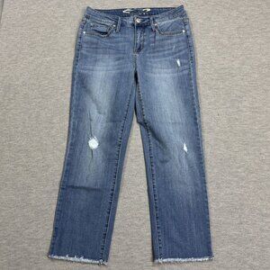 Seven 7 Womens Blue Denim Tower Straight Crop Distressed Jeans Raw Hem Size 4